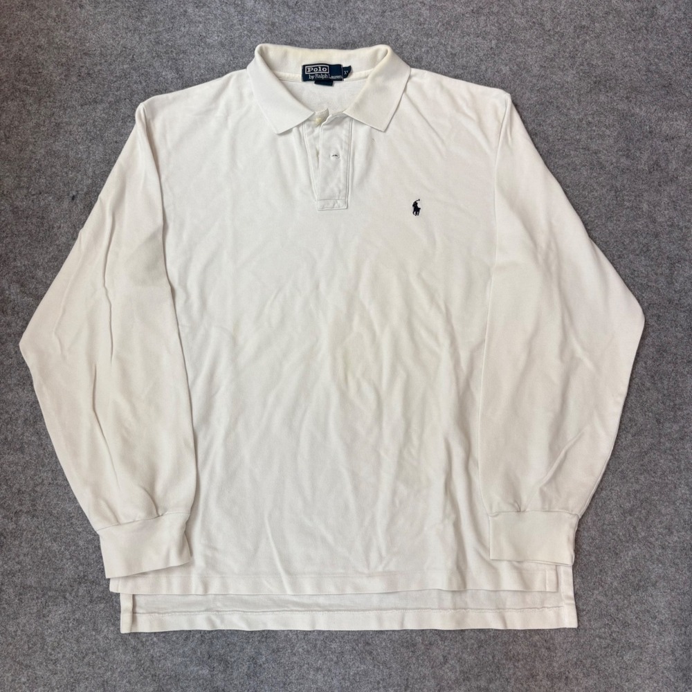 Polo Ralph Lauren Men XL Long Sleeve Polo Shirt Cream White Pique Knit Pony Logo